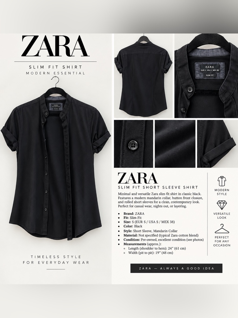 ZARA Slim Fit Short Sleeve Shirt - Black